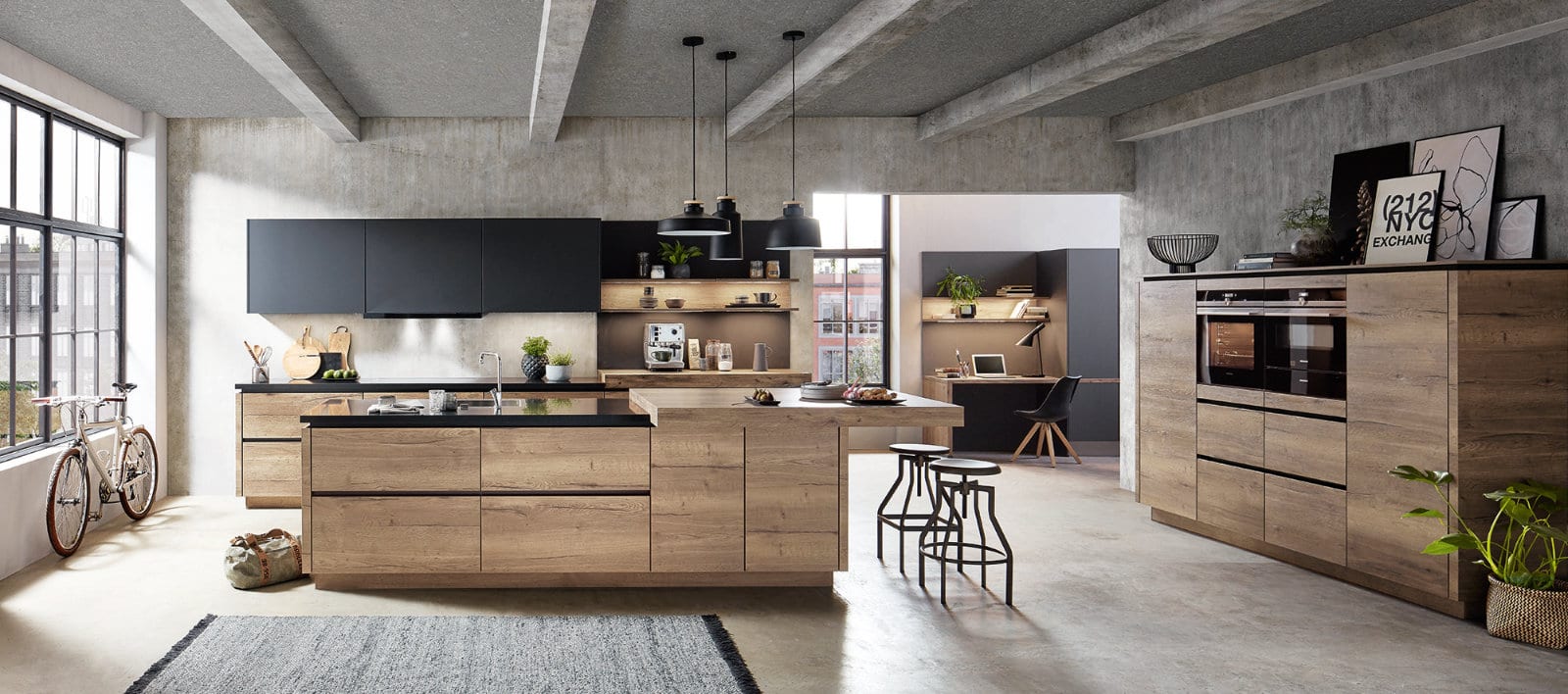 Nobilia Matt Black Wood Open Plan Handleless Kitchen With Island 2021 | Lead Wolf, Peterborough