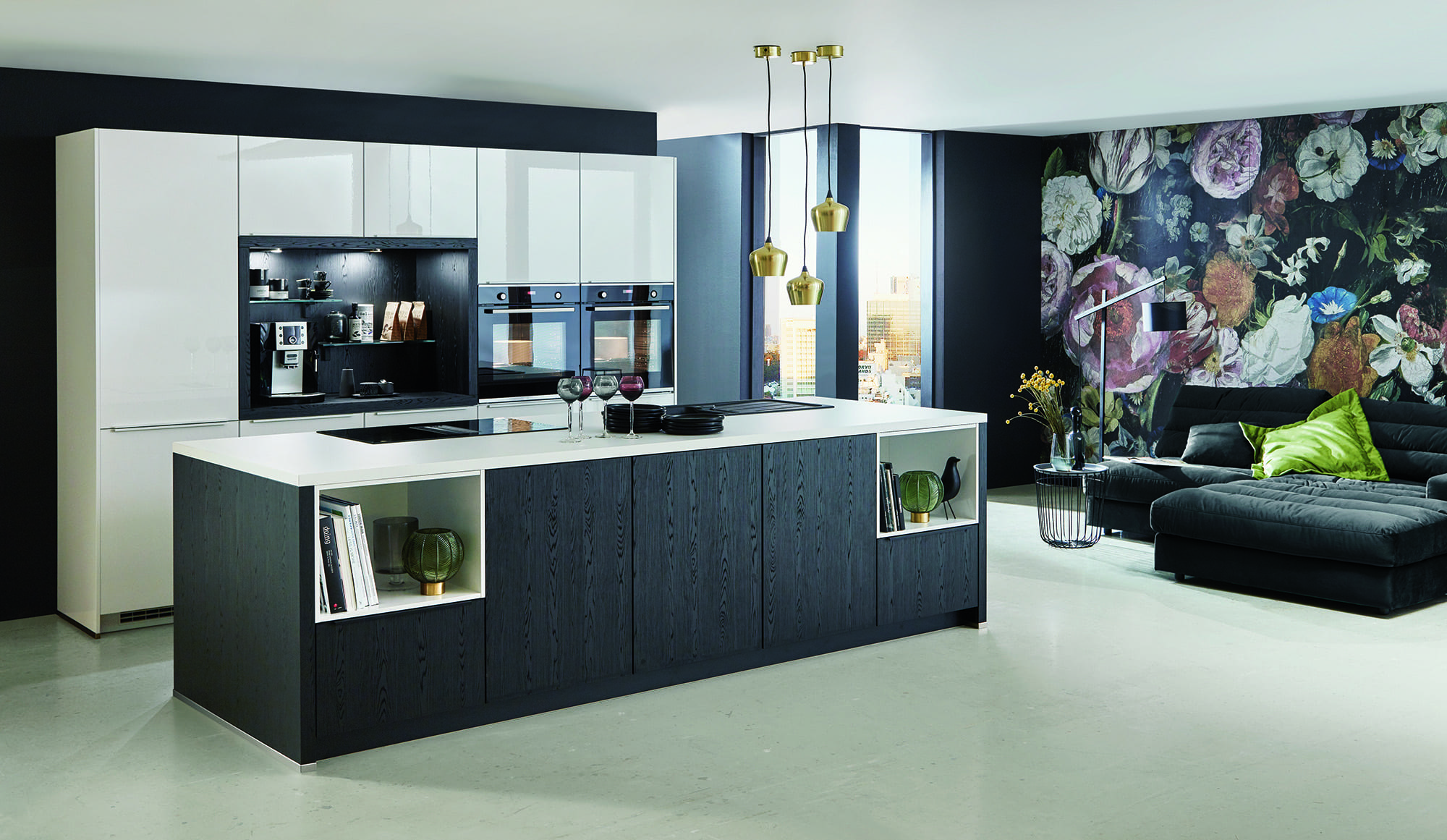Nobilia White Gloss Dark Wood Handleless Kitchen With Island 2021 | Lead Wolf, Peterborough